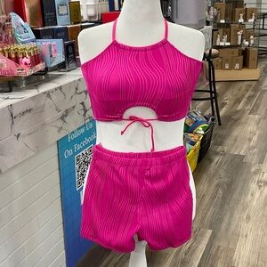 Hot Pink Ribbed Two-Piece Crop Top & Shorts Set